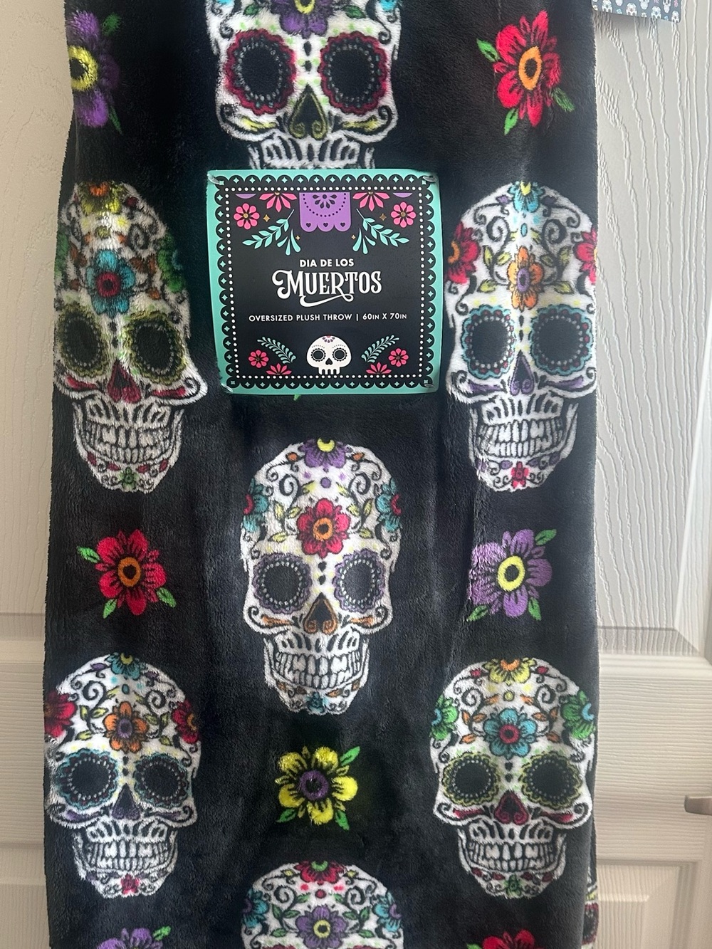 Blanket day of the dead Oversized Plush Throw Black Colorful Sugar Skulls new